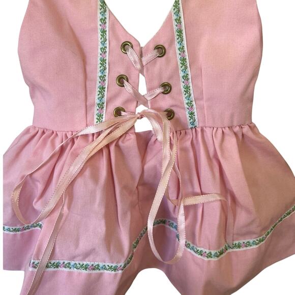 Vtg Infant 3piece Apron Shirt & Dress Set Pink/Wht Lace up 6-9 months - Picture 7 of 11